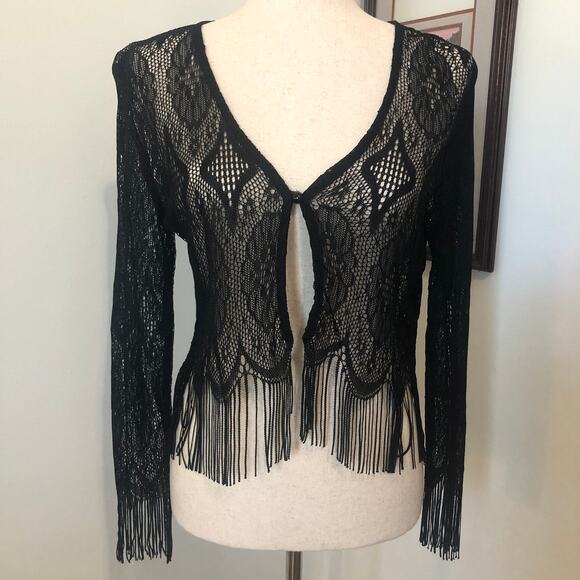 VTG La Belle Black Lace Fringe Cardigan Tag L Fit S Boho Festival 90s Whimsigoth - Picture 1 of 7